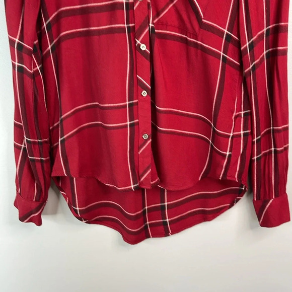 RW&CO Burgundy Plaid Brushed Viscose Button Up Shirt Hi Low Long Sleeve Size XS - Picture 4 of 10